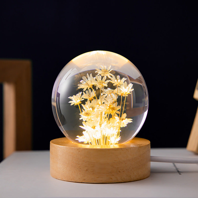 LED Night Light Flower Crystal Ball Children Night Lamp With Woodern Base Bedroom Ambient Light Creative Gift Night Light