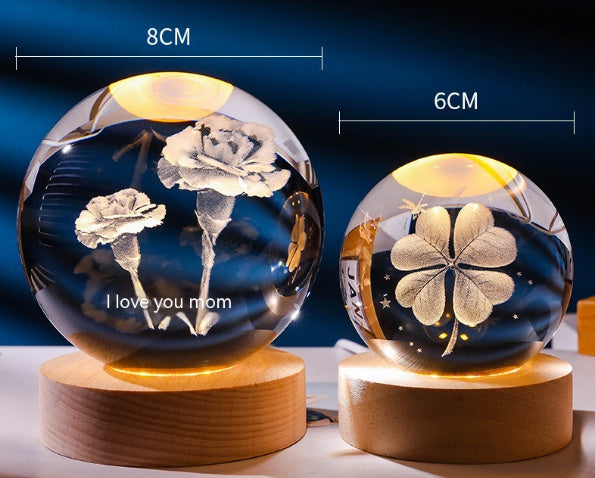 3D Warm Light Inner Carving Solid Wood Desktop Small Night Lamp Crystal Ball Decoration