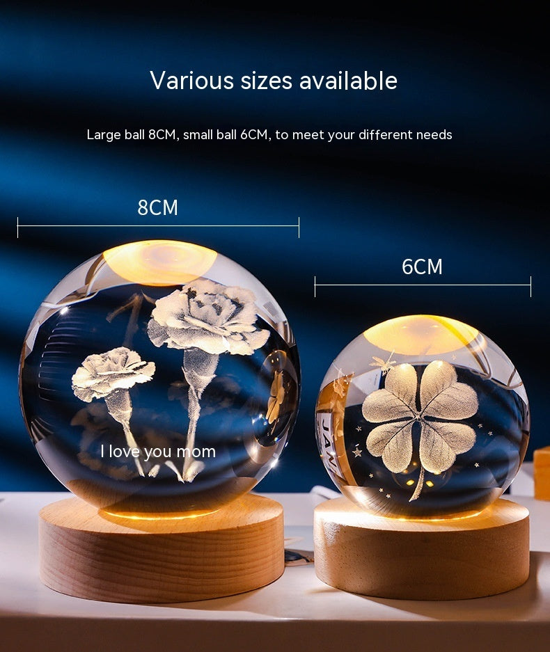 3D Warm Light Inner Carving Solid Wood Desktop Small Night Lamp Crystal Ball Decoration