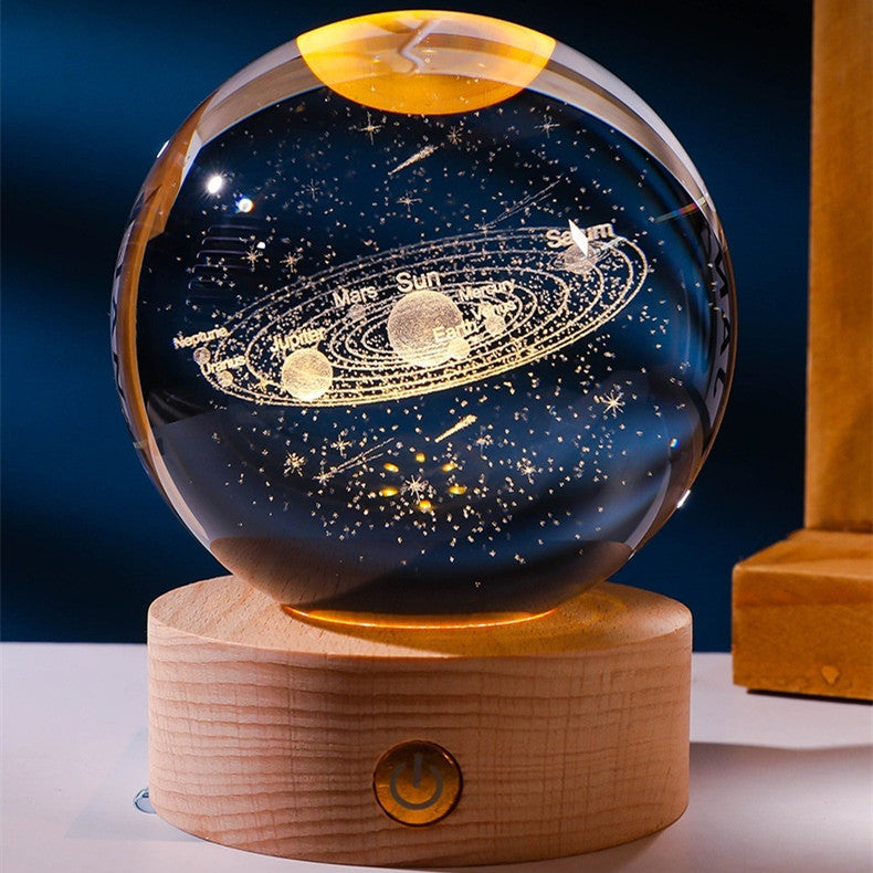 3D Warm Light Inner Carving Solid Wood Desktop Small Night Lamp Crystal Ball Decoration