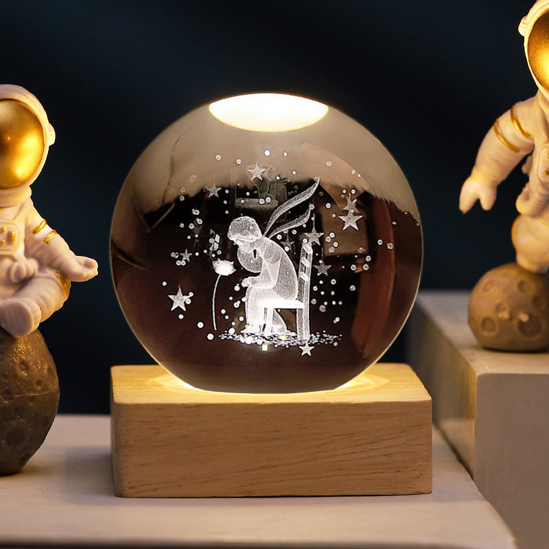 Carved 3D Crystal Ball Square Bottom Night Light Desktop Decoration